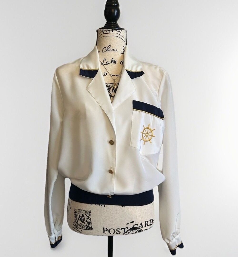 VTG 80s Jamboree New York Nautical Cruise Ship Blouse Fitted Waist Shoulder Pads